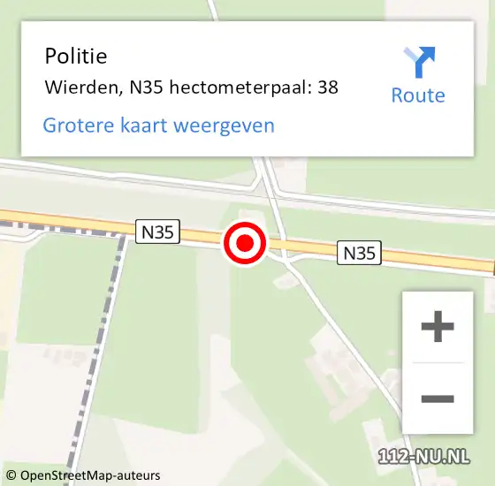 Locatie op kaart van de 112 melding: Politie Wierden, N35 hectometerpaal: 38 op 15 augustus 2024 21:58