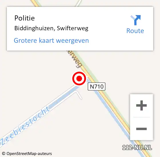 Locatie op kaart van de 112 melding: Politie Biddinghuizen, Swifterweg op 16 augustus 2024 00:19