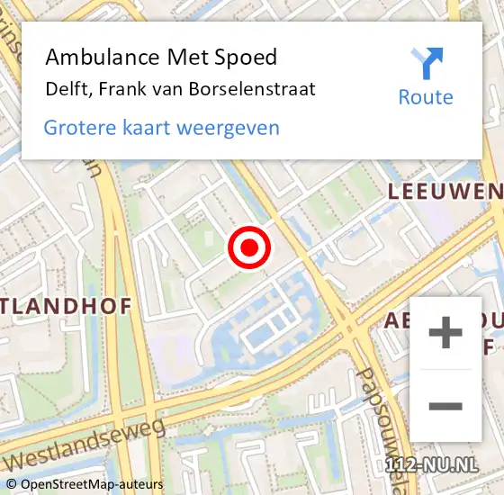 Locatie op kaart van de 112 melding: Ambulance Met Spoed Naar Delft, Frank van Borselenstraat op 16 augustus 2024 01:47