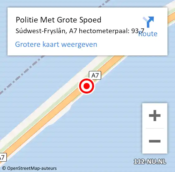 Locatie op kaart van de 112 melding: Politie Met Grote Spoed Naar Súdwest-Fryslân, A7 hectometerpaal: 93,7 op 16 augustus 2024 05:32