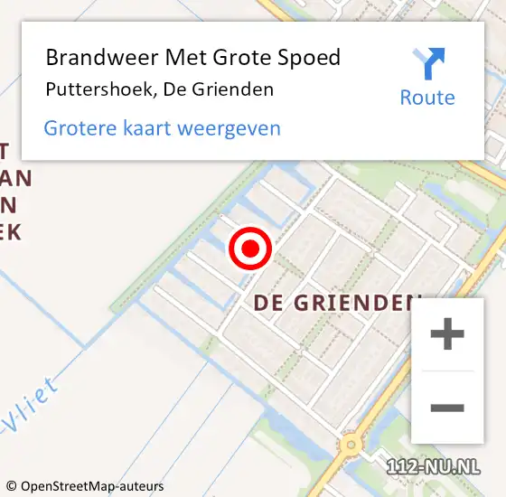 Locatie op kaart van de 112 melding: Brandweer Met Grote Spoed Naar Puttershoek, De Grienden op 16 augustus 2024 05:38