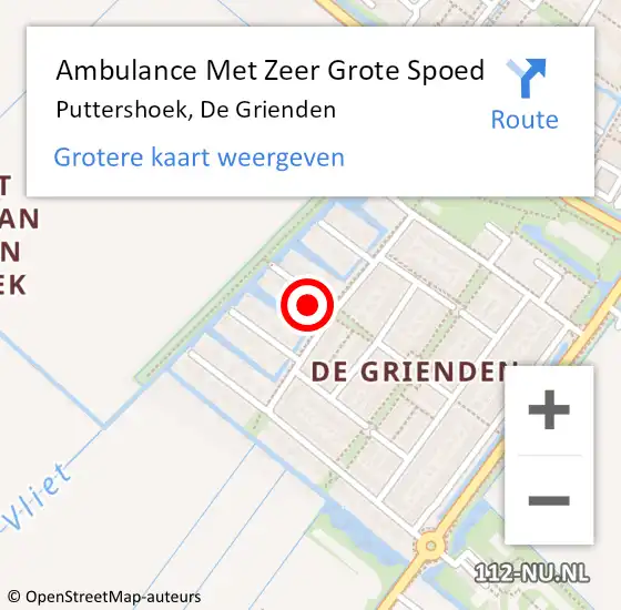 Locatie op kaart van de 112 melding: Ambulance Met Zeer Grote Spoed Naar Puttershoek, De Grienden op 16 augustus 2024 05:39