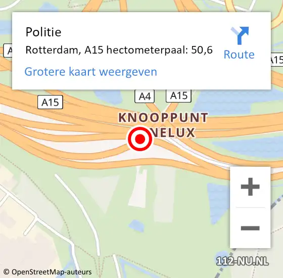 Locatie op kaart van de 112 melding: Politie Rotterdam, A15 hectometerpaal: 50,6 op 16 augustus 2024 06:09