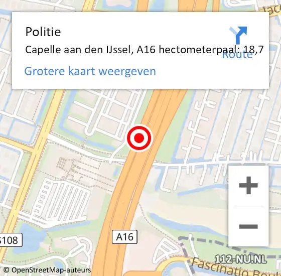 Locatie op kaart van de 112 melding: Politie Capelle aan den IJssel, A16 hectometerpaal: 18,7 op 16 augustus 2024 06:20