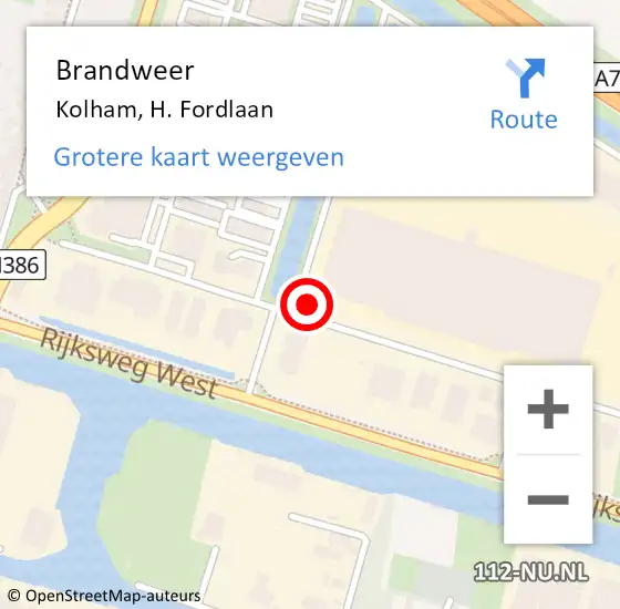 Locatie op kaart van de 112 melding: Brandweer Kolham, H. Fordlaan op 16 augustus 2024 06:36