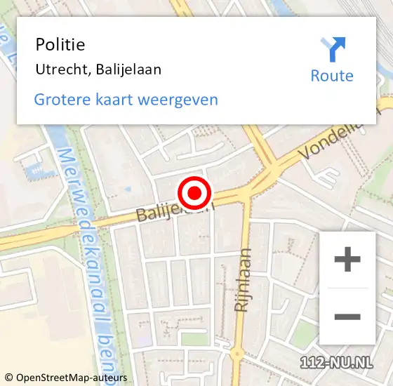 Locatie op kaart van de 112 melding: Politie Utrecht, Balijelaan op 16 augustus 2024 08:23