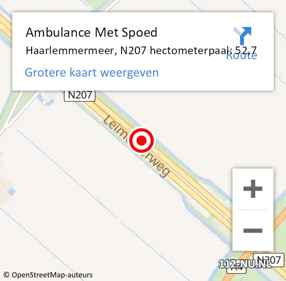 Locatie op kaart van de 112 melding: Ambulance Met Spoed Naar Haarlemmermeer, N207 hectometerpaal: 52,7 op 16 augustus 2024 12:22