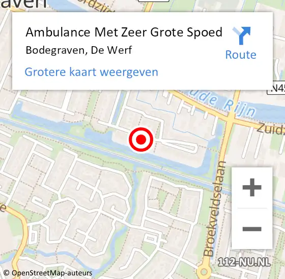 Locatie op kaart van de 112 melding: Ambulance Met Zeer Grote Spoed Naar Bodegraven, De Werf op 16 augustus 2024 12:58