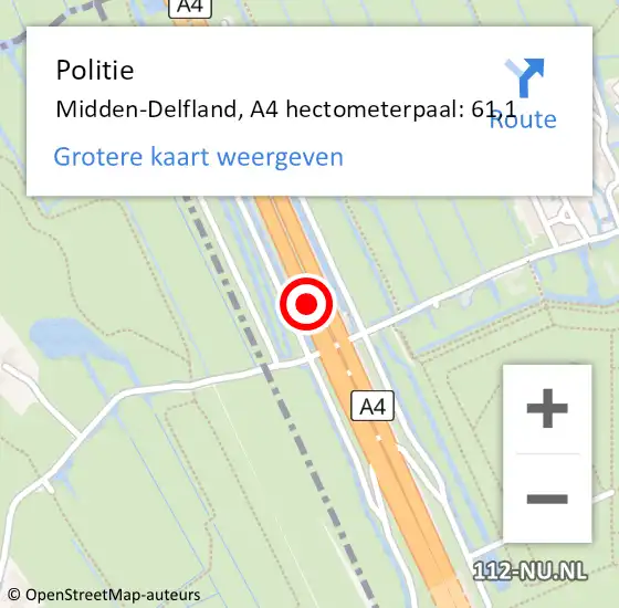 Locatie op kaart van de 112 melding: Politie Midden-Delfland, A4 hectometerpaal: 61,1 op 16 augustus 2024 13:49