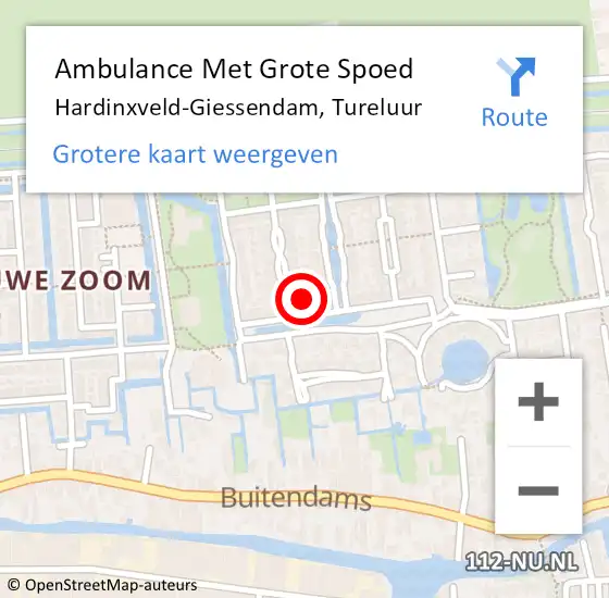 Locatie op kaart van de 112 melding: Ambulance Met Grote Spoed Naar Hardinxveld-Giessendam, Tureluur op 16 augustus 2024 15:02