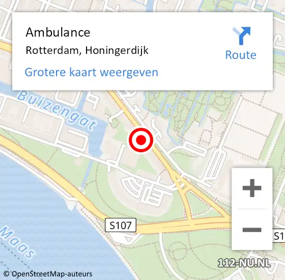 Locatie op kaart van de 112 melding: Ambulance Rotterdam, Honingerdijk op 16 augustus 2024 16:42