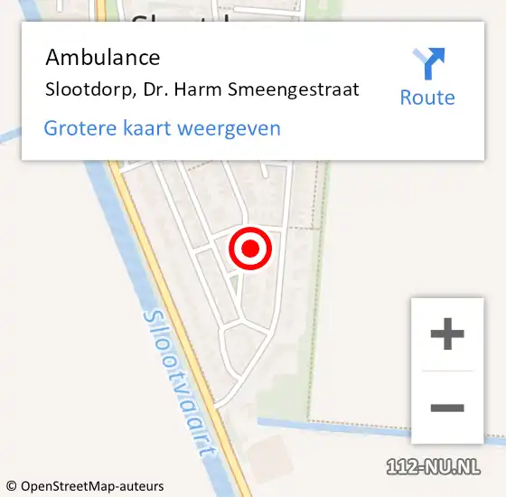 Locatie op kaart van de 112 melding: Ambulance Slootdorp, Dr. Harm Smeengestraat op 16 augustus 2024 18:50