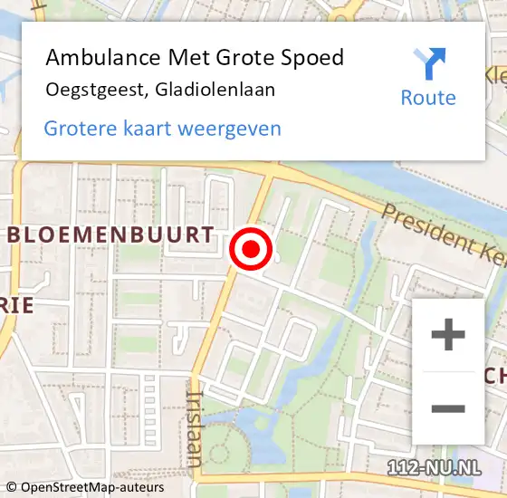 Locatie op kaart van de 112 melding: Ambulance Met Grote Spoed Naar Oegstgeest, Gladiolenlaan op 16 augustus 2024 18:56