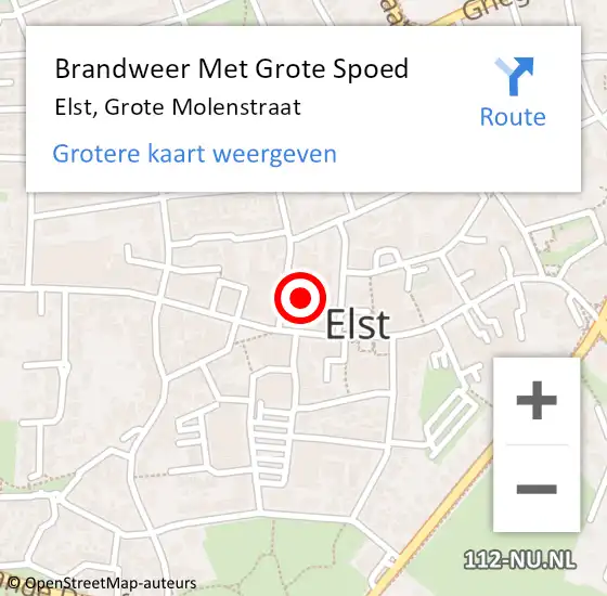 Locatie op kaart van de 112 melding: Brandweer Met Grote Spoed Naar Elst, Grote Molenstraat op 16 augustus 2024 19:26