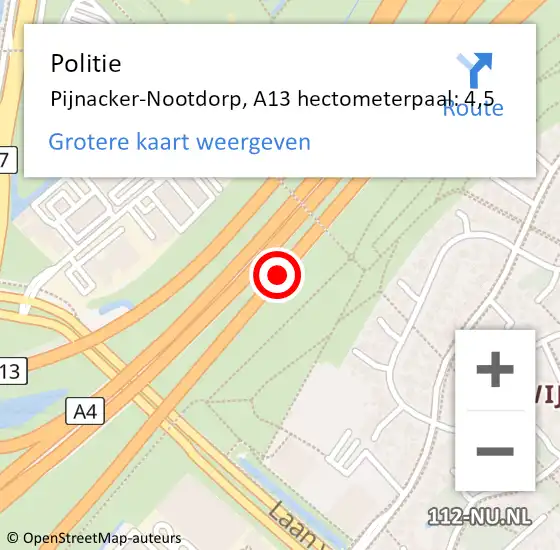 Locatie op kaart van de 112 melding: Politie Pijnacker-Nootdorp, A13 hectometerpaal: 4,5 op 16 augustus 2024 20:29