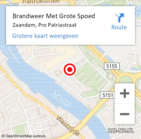 Locatie op kaart van de 112 melding: Brandweer Met Grote Spoed Naar Zaandam, Pro Patriastraat op 16 augustus 2024 21:36