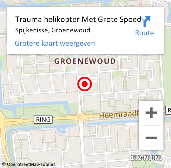 Locatie op kaart van de 112 melding: Trauma helikopter Met Grote Spoed Naar Spijkenisse, Groenewoud op 16 augustus 2024 22:02