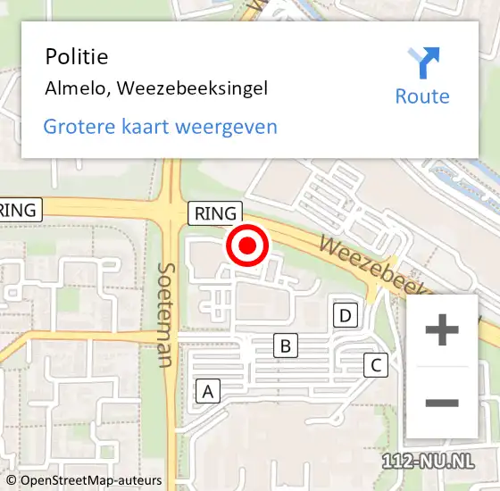 Locatie op kaart van de 112 melding: Politie Almelo, Weezebeeksingel op 16 augustus 2024 22:58