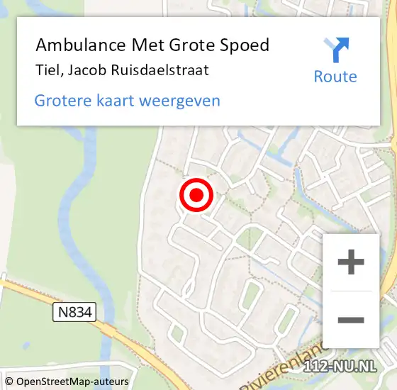 Locatie op kaart van de 112 melding: Ambulance Met Grote Spoed Naar Tiel, Jacob Ruisdaelstraat op 16 oktober 2014 15:53