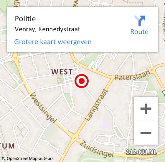 Locatie op kaart van de 112 melding: Politie Venray, Kennedystraat op 17 augustus 2024 13:09