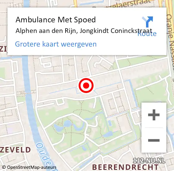 Locatie op kaart van de 112 melding: Ambulance Met Spoed Naar Alphen aan den Rijn, Jongkindt Coninckstraat op 17 augustus 2024 13:56