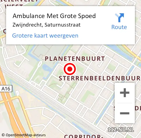 Locatie op kaart van de 112 melding: Ambulance Met Grote Spoed Naar Zwijndrecht, Saturnusstraat op 17 augustus 2024 16:26