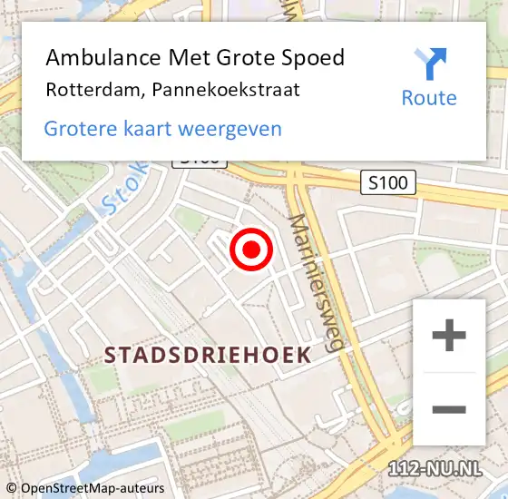 Locatie op kaart van de 112 melding: Ambulance Met Grote Spoed Naar Rotterdam, Pannekoekstraat op 17 augustus 2024 20:35