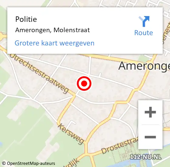 Locatie op kaart van de 112 melding: Politie Amerongen, Molenstraat op 17 augustus 2024 21:58