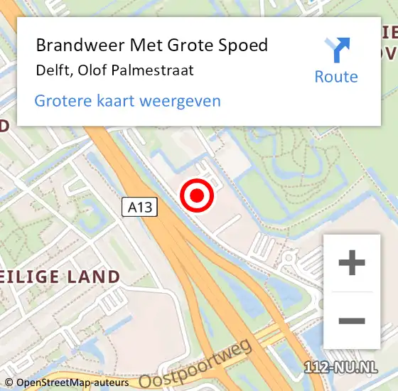 Locatie op kaart van de 112 melding: Brandweer Met Grote Spoed Naar Delft, Olof Palmestraat op 18 augustus 2024 00:13