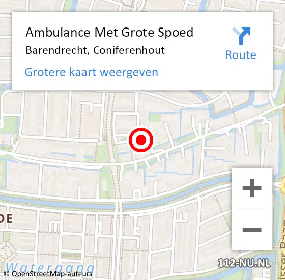 Locatie op kaart van de 112 melding: Ambulance Met Grote Spoed Naar Barendrecht, Coniferenhout op 18 augustus 2024 01:46