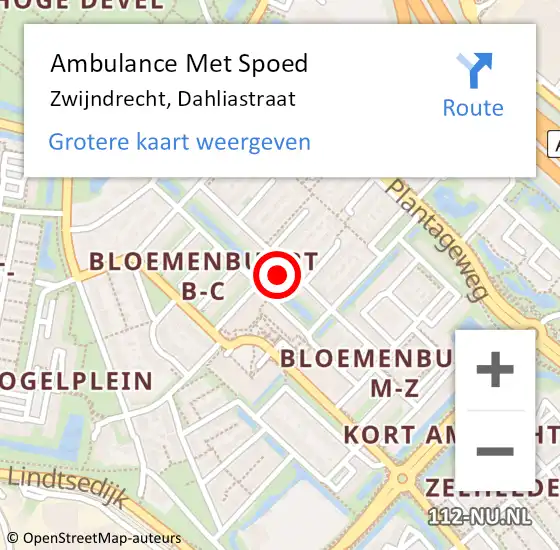 Locatie op kaart van de 112 melding: Ambulance Met Spoed Naar Zwijndrecht, Dahliastraat op 18 augustus 2024 09:48