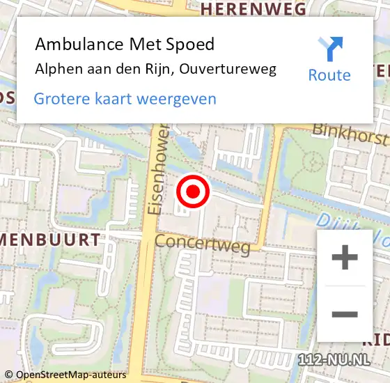 Locatie op kaart van de 112 melding: Ambulance Met Spoed Naar Alphen aan den Rijn, Ouvertureweg op 18 augustus 2024 14:39