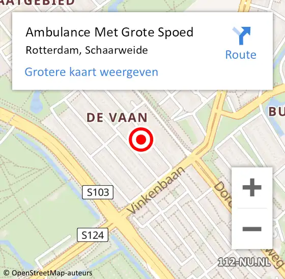 Locatie op kaart van de 112 melding: Ambulance Met Grote Spoed Naar Rotterdam, Schaarweide op 18 augustus 2024 15:58