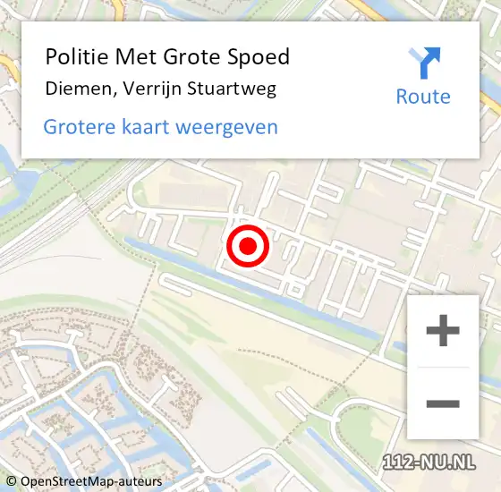 Locatie op kaart van de 112 melding: Politie Met Grote Spoed Naar Diemen, Verrijn Stuartweg op 18 augustus 2024 21:09