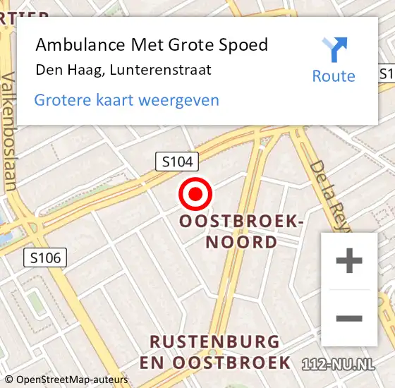 Locatie op kaart van de 112 melding: Ambulance Met Grote Spoed Naar Den Haag, Lunterenstraat op 18 augustus 2024 22:03