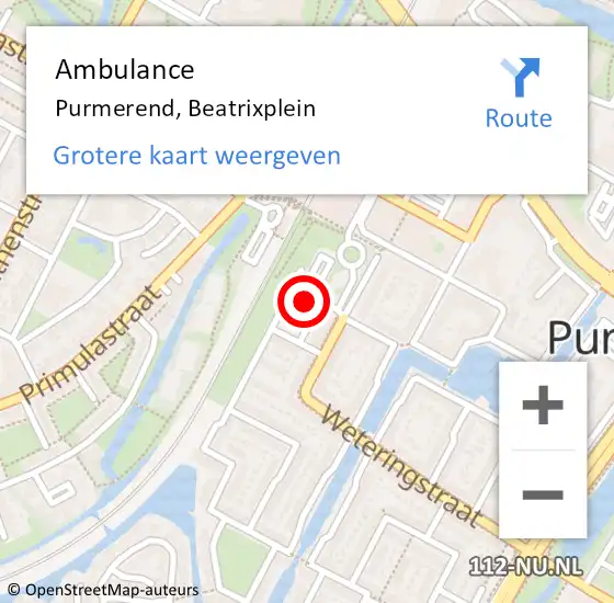 Locatie op kaart van de 112 melding: Ambulance Purmerend, Beatrixplein op 18 augustus 2024 22:26