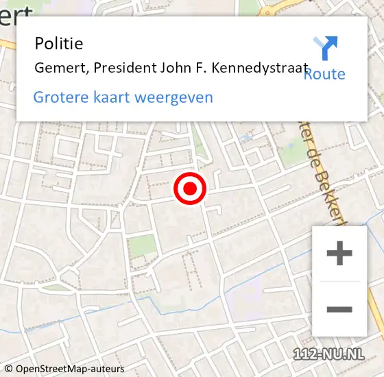 Locatie op kaart van de 112 melding: Politie Gemert, President John F. Kennedystraat op 18 augustus 2024 23:15