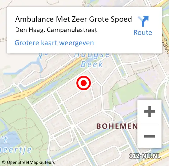 Locatie op kaart van de 112 melding: Ambulance Met Zeer Grote Spoed Naar Den Haag, Campanulastraat op 19 augustus 2024 01:12