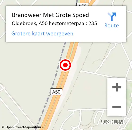 Locatie op kaart van de 112 melding: Brandweer Met Grote Spoed Naar Oldebroek, A50 hectometerpaal: 235 op 19 augustus 2024 06:05