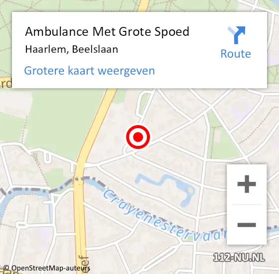 Locatie op kaart van de 112 melding: Ambulance Met Grote Spoed Naar Haarlem, Beelslaan op 19 augustus 2024 11:05