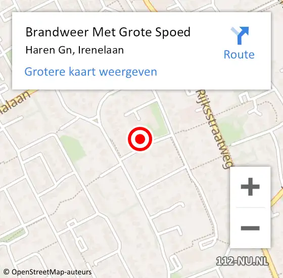 Locatie op kaart van de 112 melding: Brandweer Met Grote Spoed Naar Haren Gn, Irenelaan op 19 augustus 2024 12:32