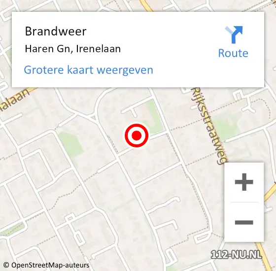 Locatie op kaart van de 112 melding: Brandweer Haren Gn, Irenelaan op 19 augustus 2024 12:34