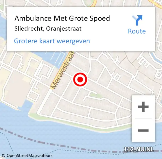 Locatie op kaart van de 112 melding: Ambulance Met Grote Spoed Naar Sliedrecht, Oranjestraat op 19 augustus 2024 15:01