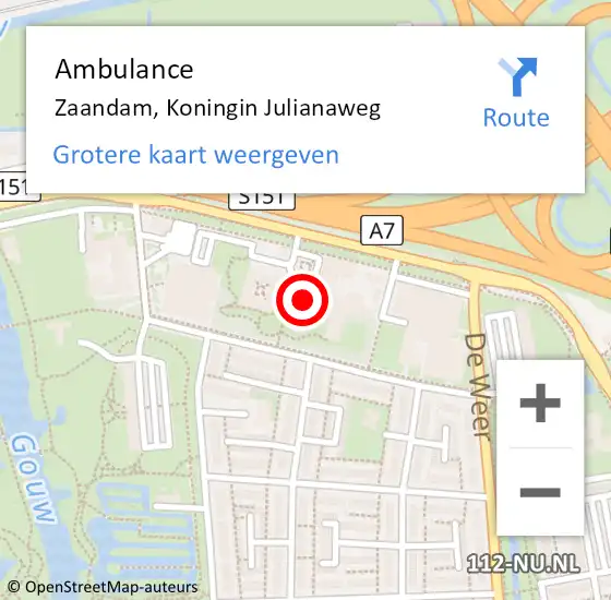 Locatie op kaart van de 112 melding: Ambulance Zaandam, Koningin Julianaweg op 19 augustus 2024 15:16