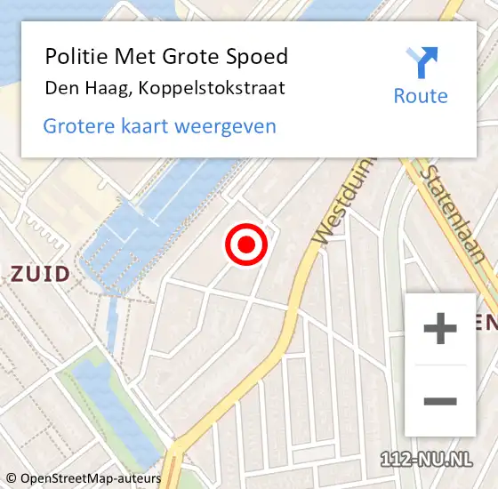 Locatie op kaart van de 112 melding: Politie Met Grote Spoed Naar Den Haag, Koppelstokstraat op 19 augustus 2024 15:34