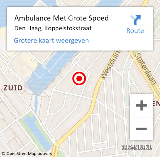 Locatie op kaart van de 112 melding: Ambulance Met Grote Spoed Naar Den Haag, Koppelstokstraat op 19 augustus 2024 15:34