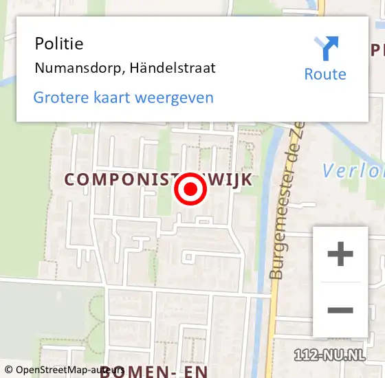 Locatie op kaart van de 112 melding: Politie Numansdorp, Händelstraat op 19 augustus 2024 15:46