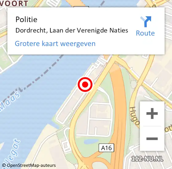 Locatie op kaart van de 112 melding: Politie Dordrecht, Laan der Verenigde Naties op 19 augustus 2024 17:20