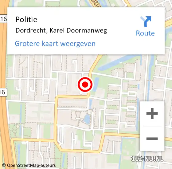 Locatie op kaart van de 112 melding: Politie Dordrecht, Karel Doormanweg op 19 augustus 2024 17:21