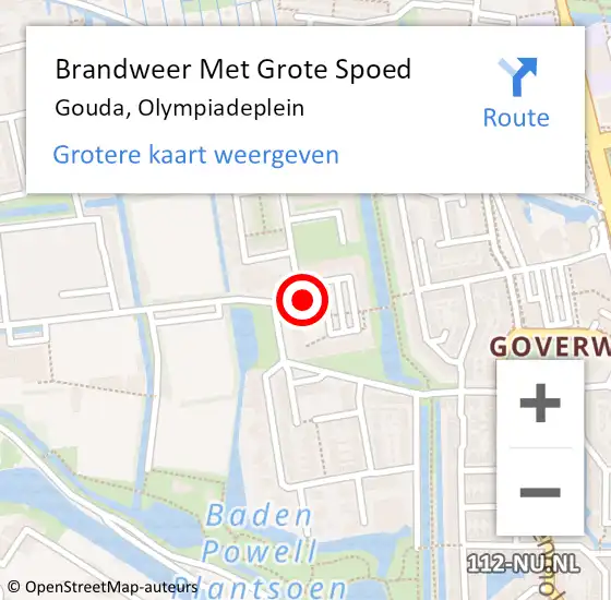 Locatie op kaart van de 112 melding: Brandweer Met Grote Spoed Naar Gouda, Olympiadeplein op 19 augustus 2024 17:34